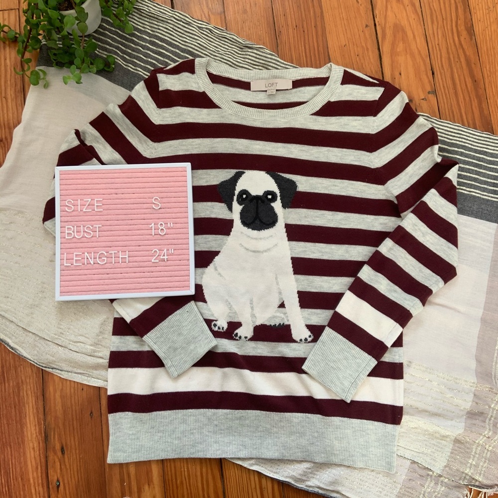 LOFT Pug Maroon and Cream Stripe Sweater